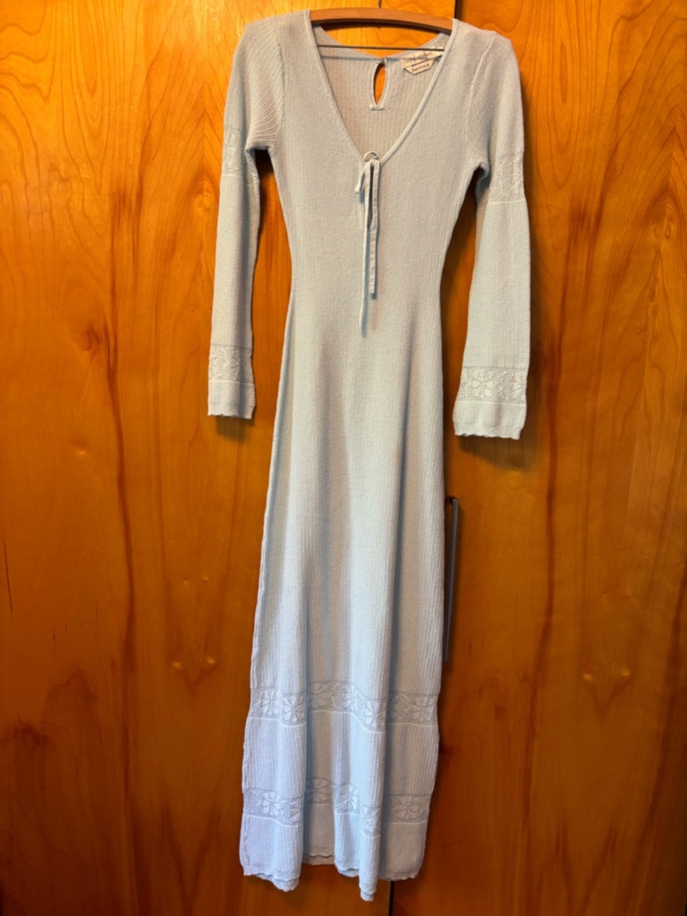 Soft Light Blue CrochetMaxi Dress with Tie Neck
